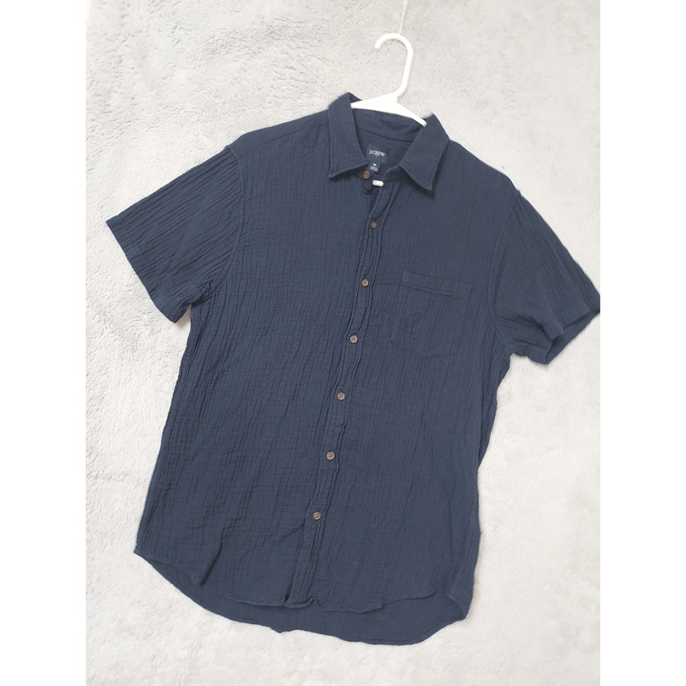 J Crew Shirt Mens Medium Seersucker Short Sleeve Button Down Navy Blue Preppy